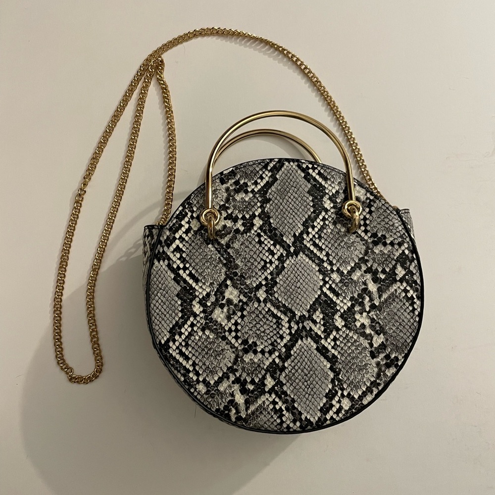 Mango round snakeskin handbag with long gold chain strap